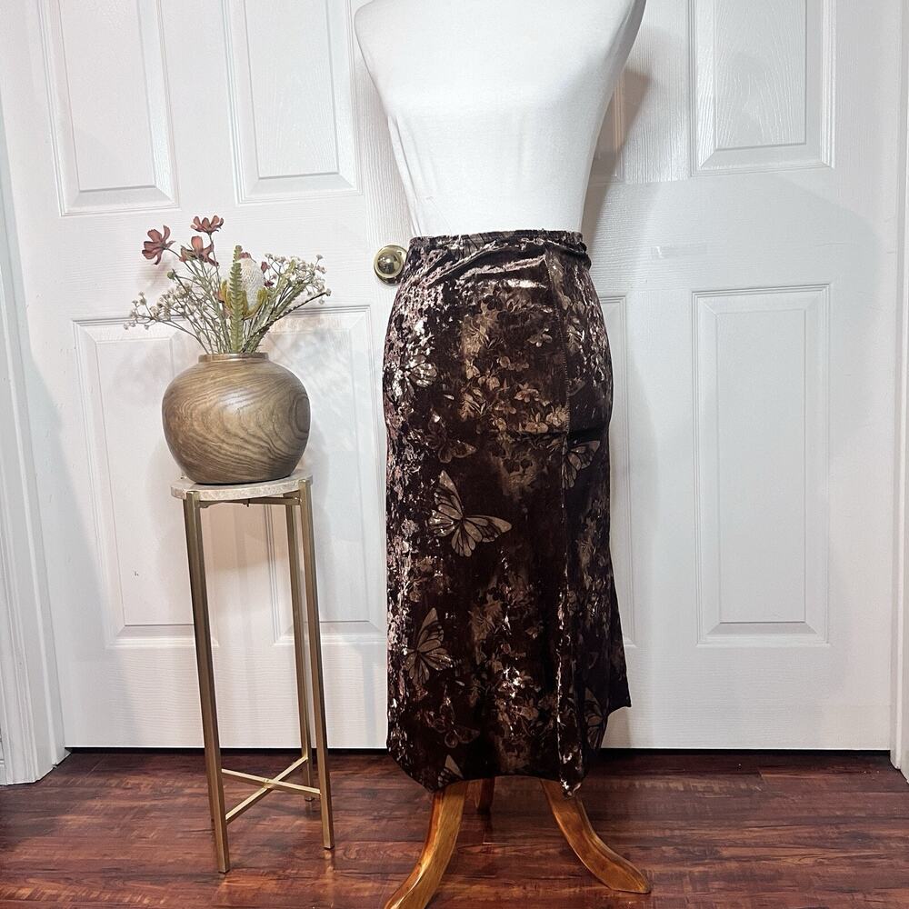 Womens Brown Velvet Butterfly Slip MIDI Skirt Sz 2 90s‎ Y2K Fairy Grunge Whimsy